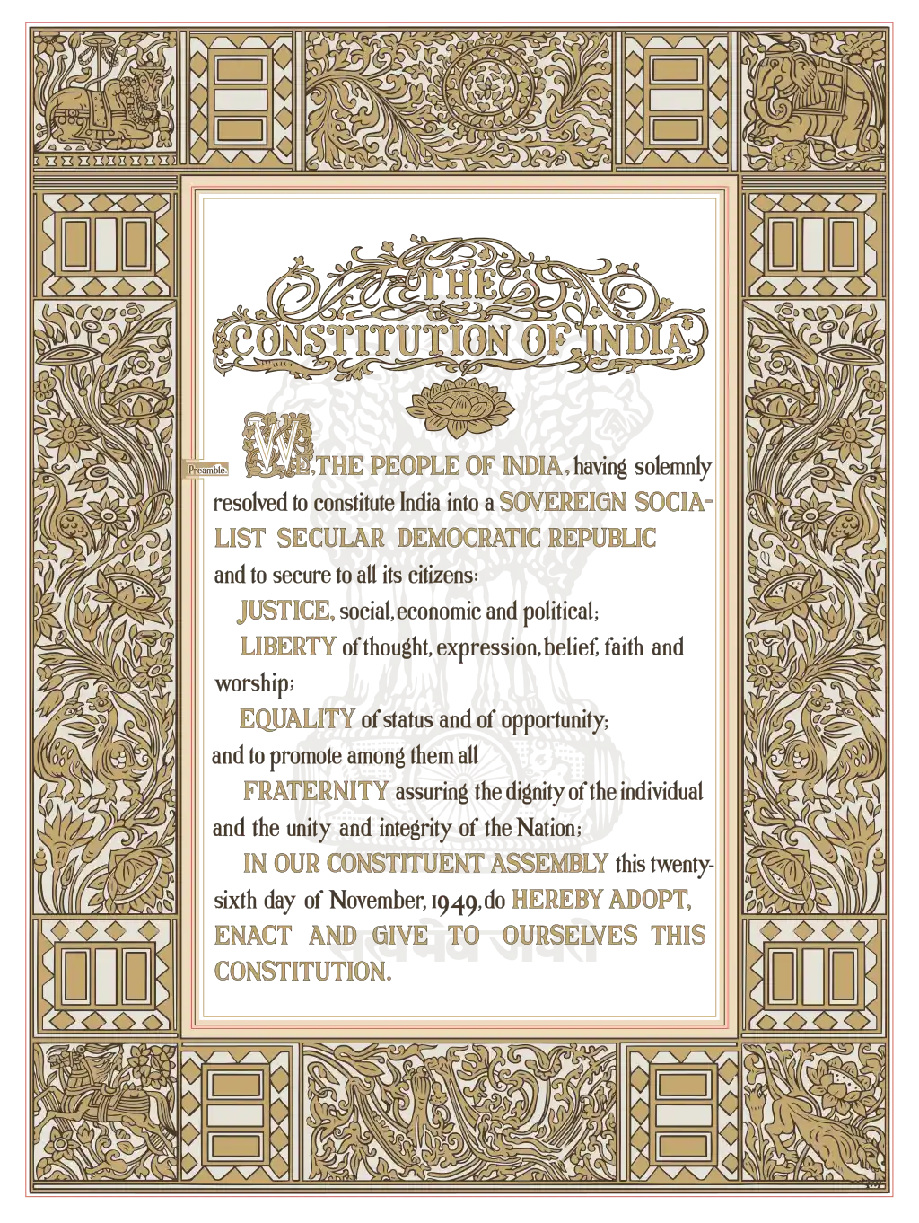 The illuminated Preamble page of the Constitution of India
