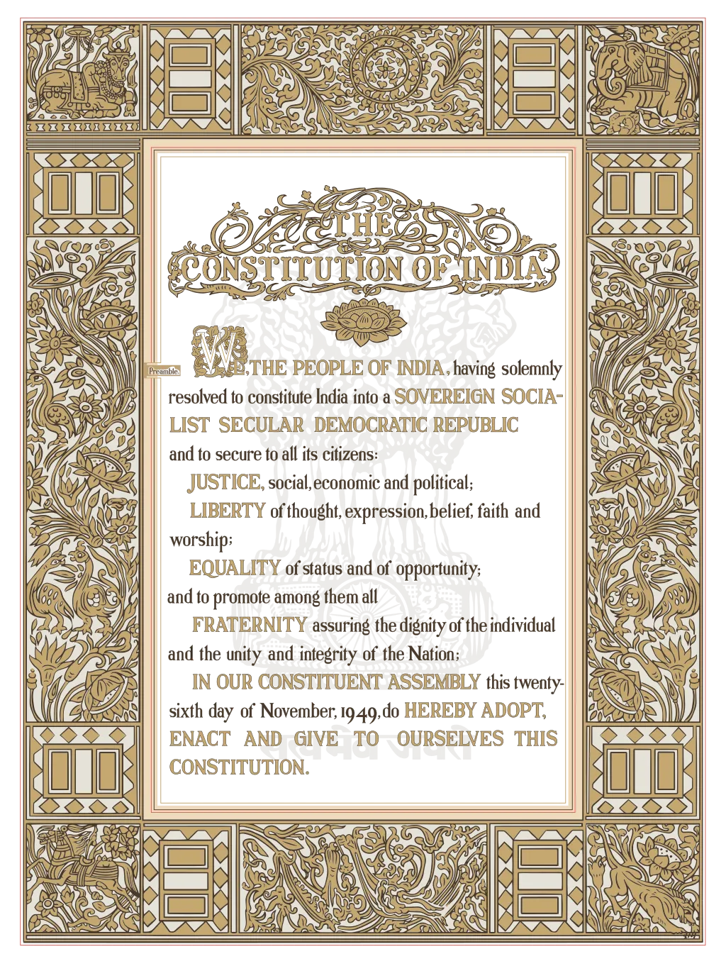 The illuminated Preamble page of the Constitution of India
